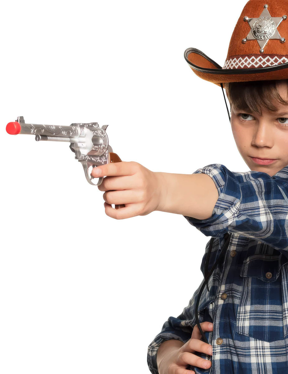 Hluková pištoľ cowboy pre dieťa strieborná s hnedá rukoväťou a červená koncovkou