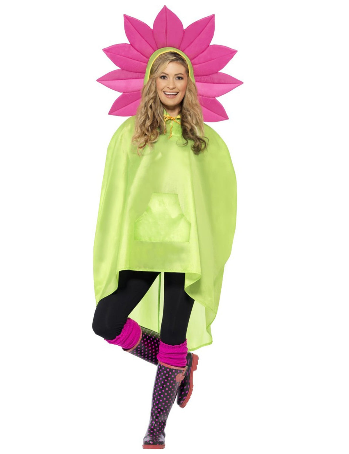 Poncho fleur pour adulte vert et rose avec capuche pétales