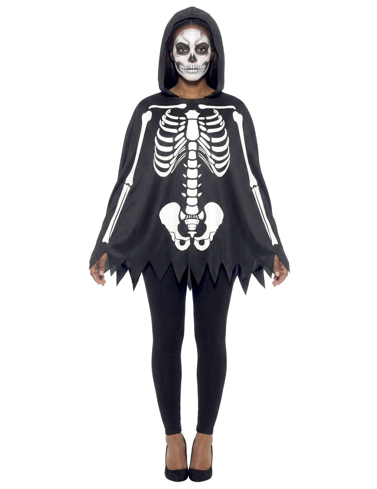 Poncho squelette pour adulte noir et blanc avec capuche