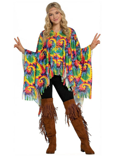 Poncho tie and dye pour adulte multicolore à franges