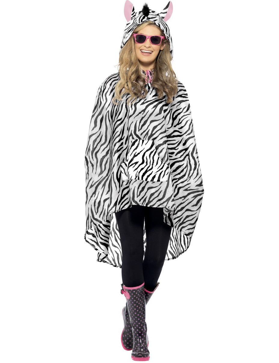 Poncho zèbre pour adulte noir et blanc avec capuche à oreilles