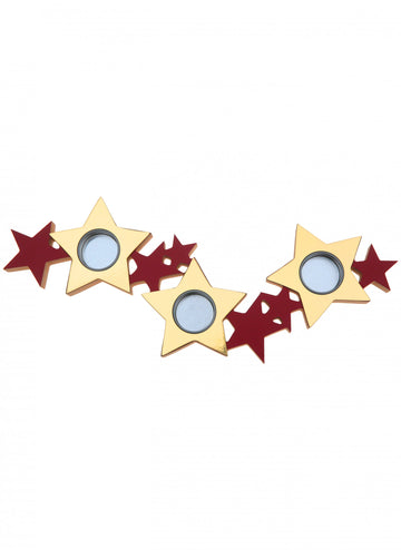 Drevený a kovový svietnik s červenými a zlatými hviezdičkami, 40 x 13 x 2 cm Vianočné ozdoby
