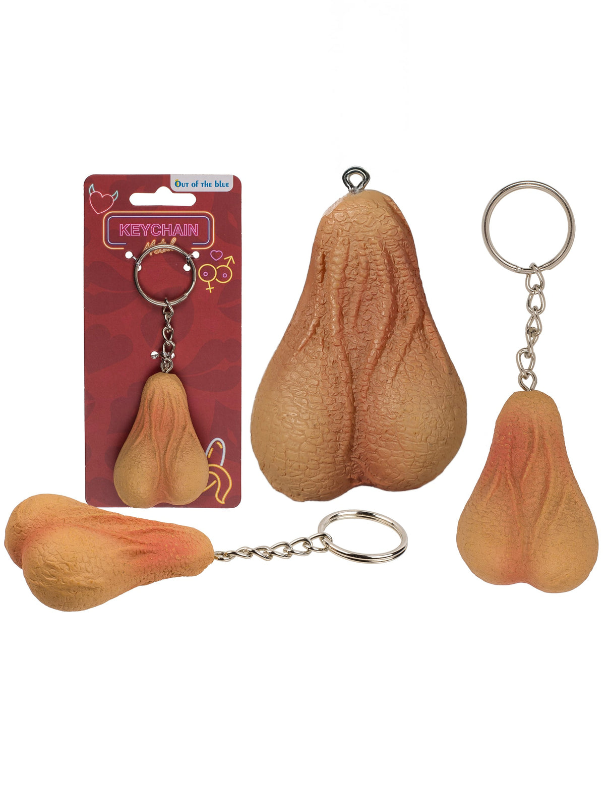 Différentes vues et packaging du porte clé coquin testicules