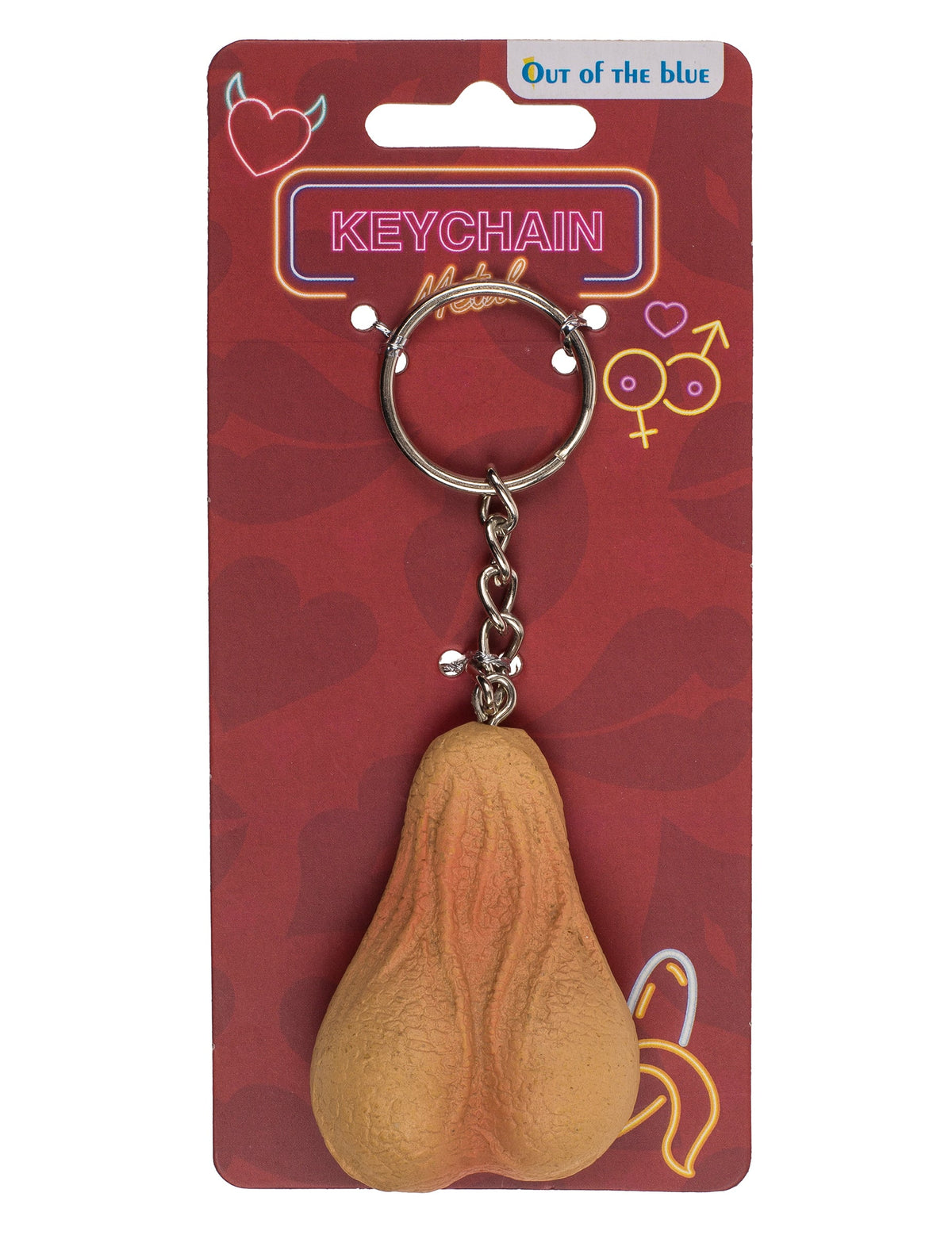 Vue sur l'emballage du porte clé coquin testicules