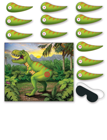 Jeu de fête dinosaure pour enfants vert avec queues numérotées et bandeau noir