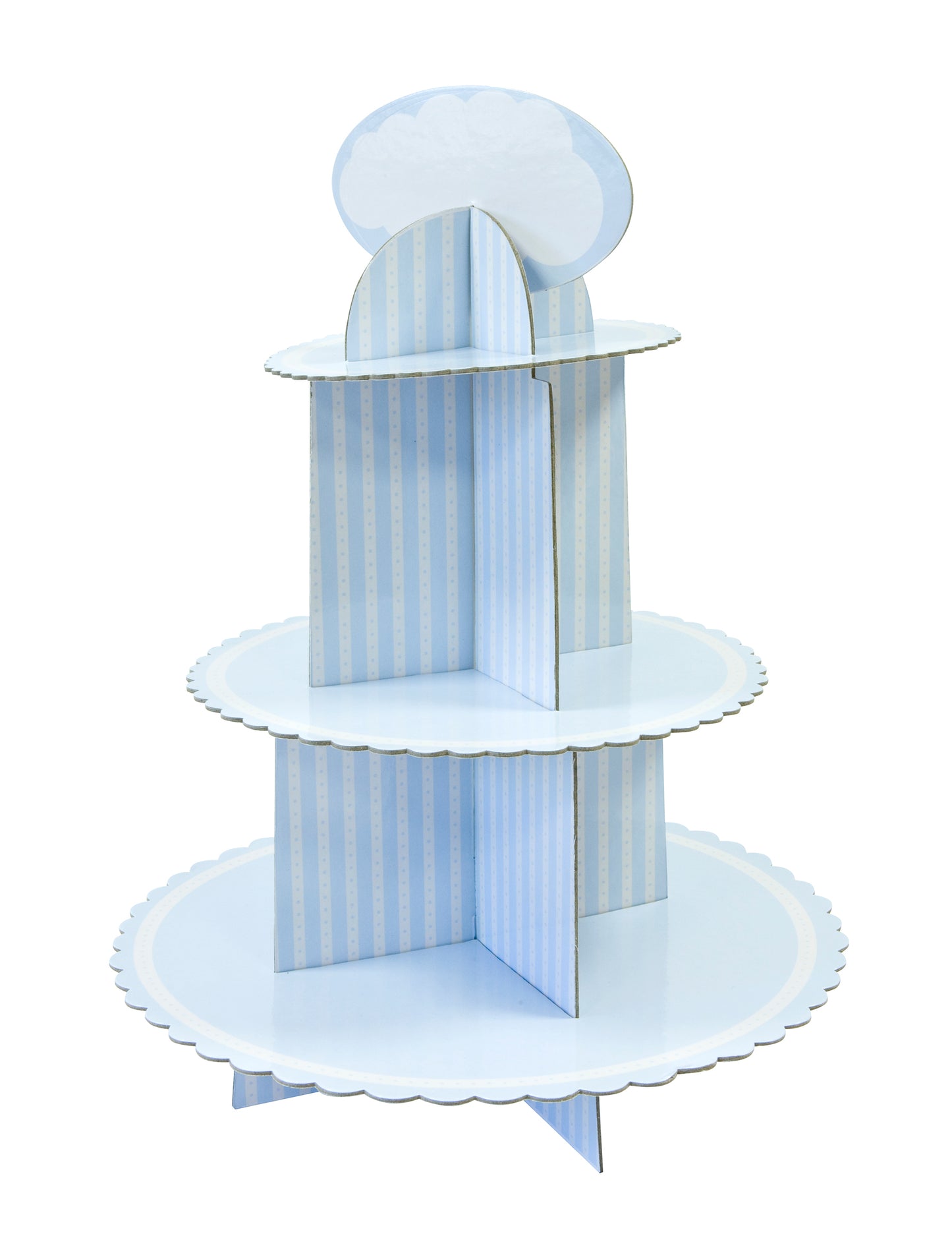 Présentoir à cupcake en carton pour baby shower bleu et blanc à rayures