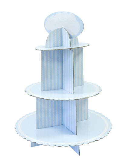 Présentoir à cupcake en carton pour baby shower bleu et blanc à rayures