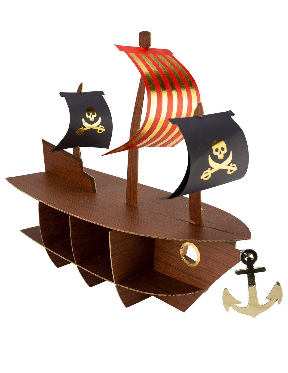 Présentoir bateau pirate pour gâteaux marron avec dorures et voiles rouges
