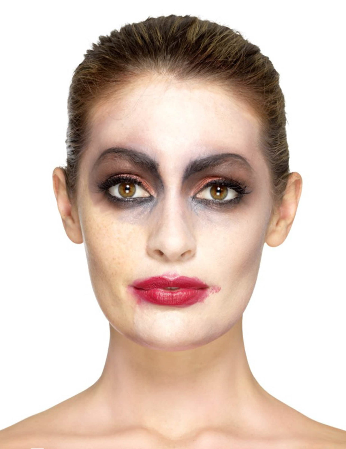 Pohľad spredu na líčidlá latexovej protézy s ranami halloween