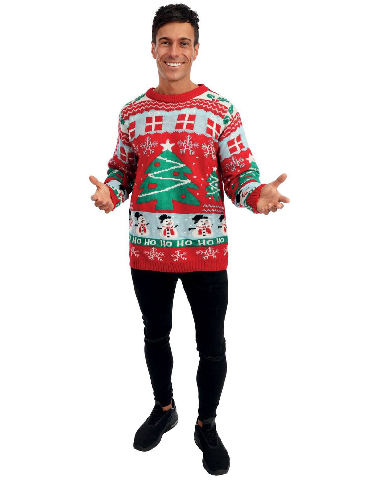 Pull de Noël sapins de Noël pour adulte rouge à motifs bonshommes de neige