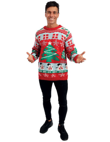 Červený vianočný sveter pre dospelých s vianočnými stromami