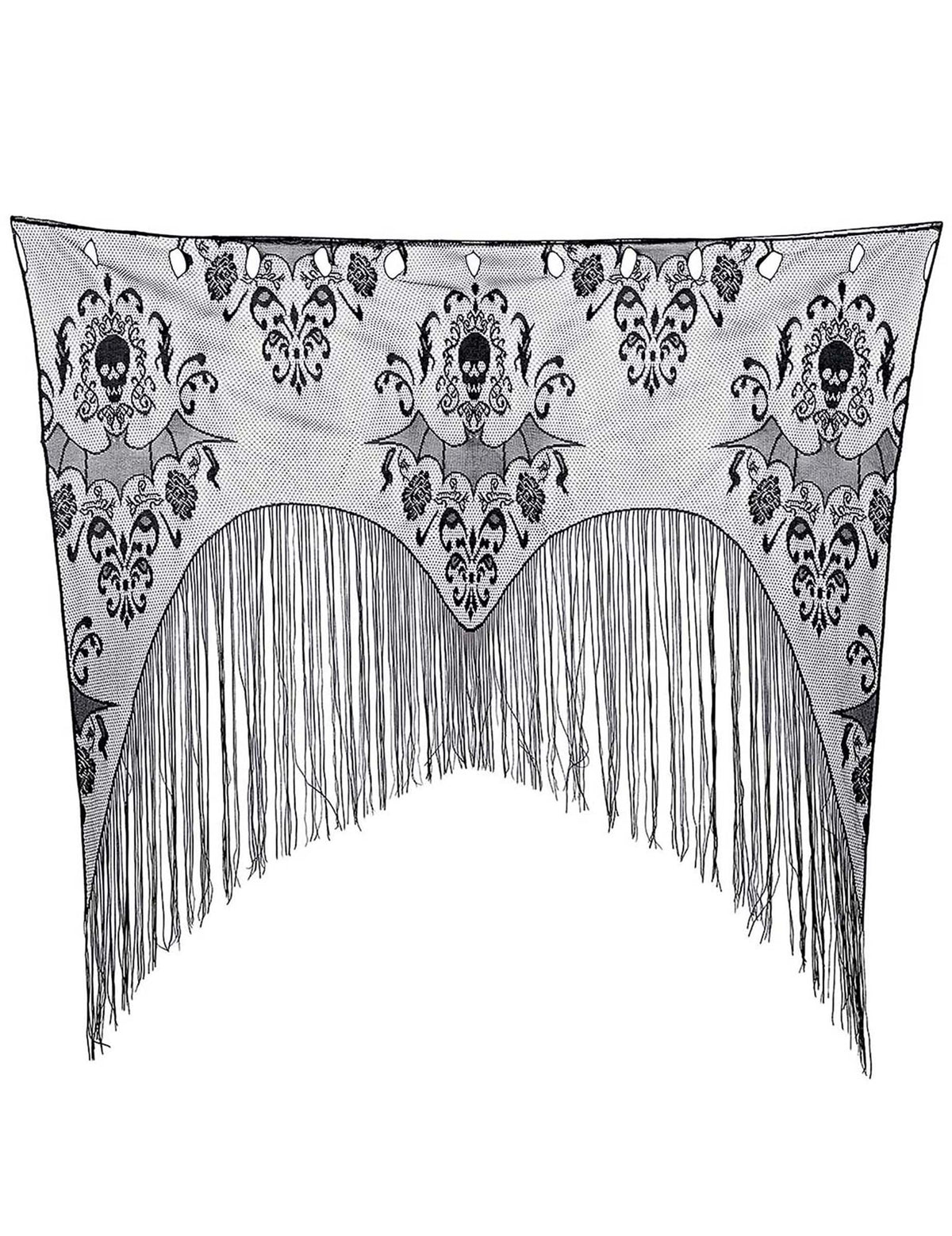 Détail de la dentelle et des motifs du rideau de porte à franges chauve-souris