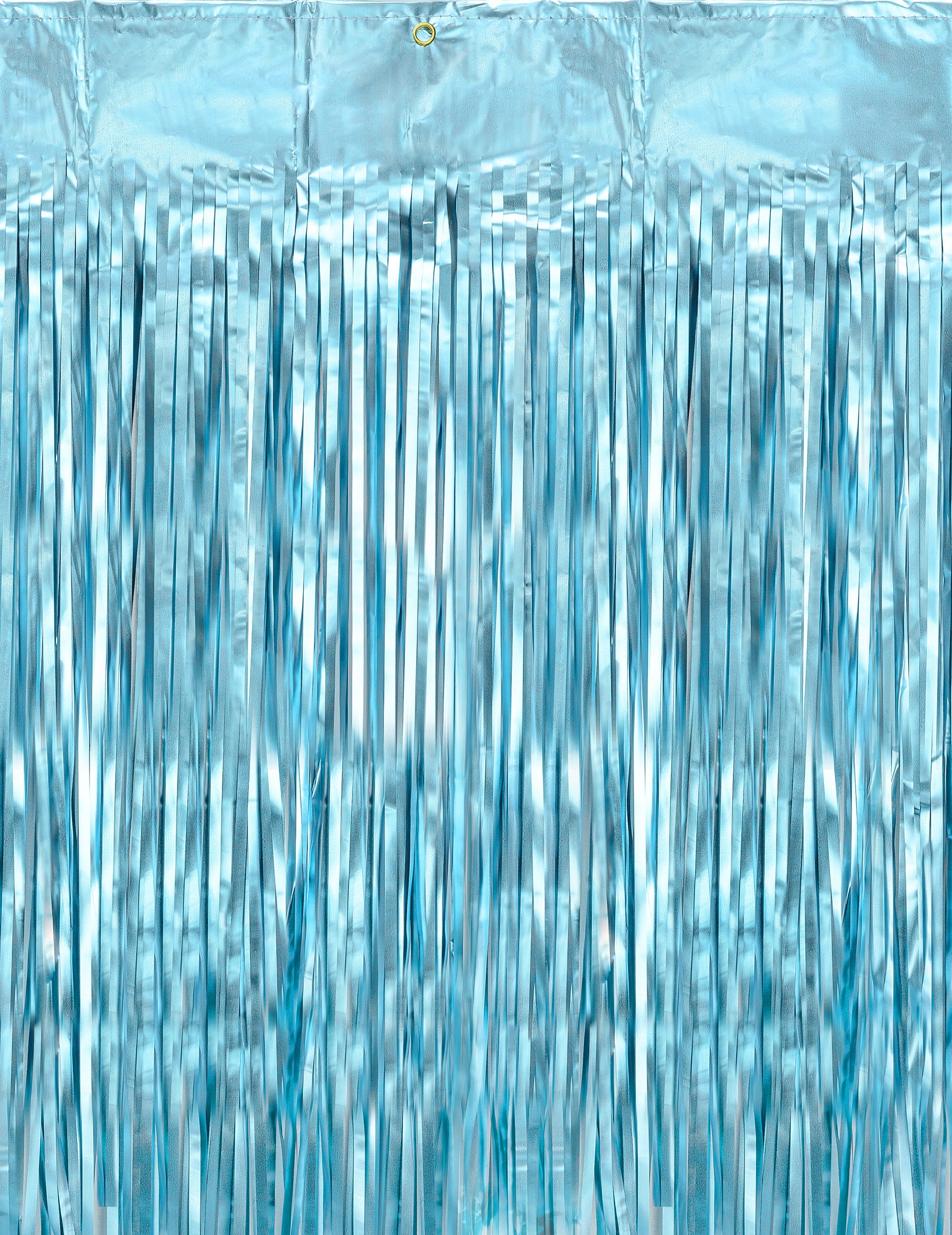 Détail de l'œillet de fixation du rideau scintillant à franges bleu métallisé