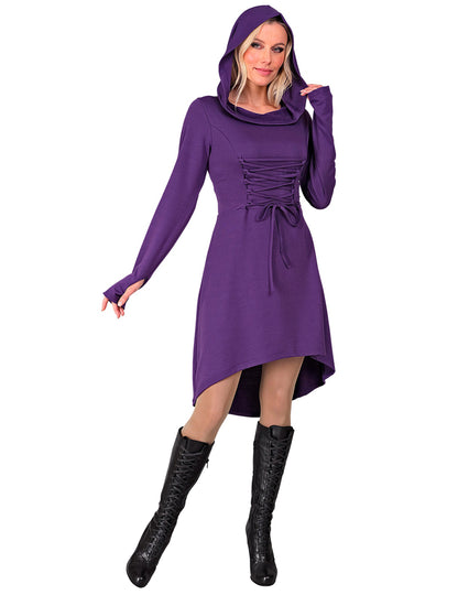 Robe gothique médiévale pour femme violette avec capuche et laçage