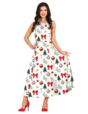 Dlhé biele šaty s vianočnými dámskymi vzormi