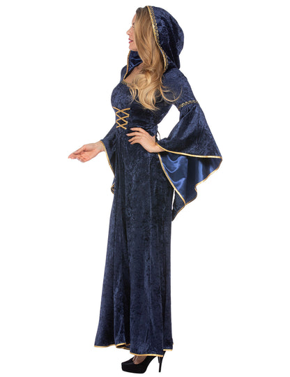 Robe médiévale longue à capuche bleu marine luxe femme