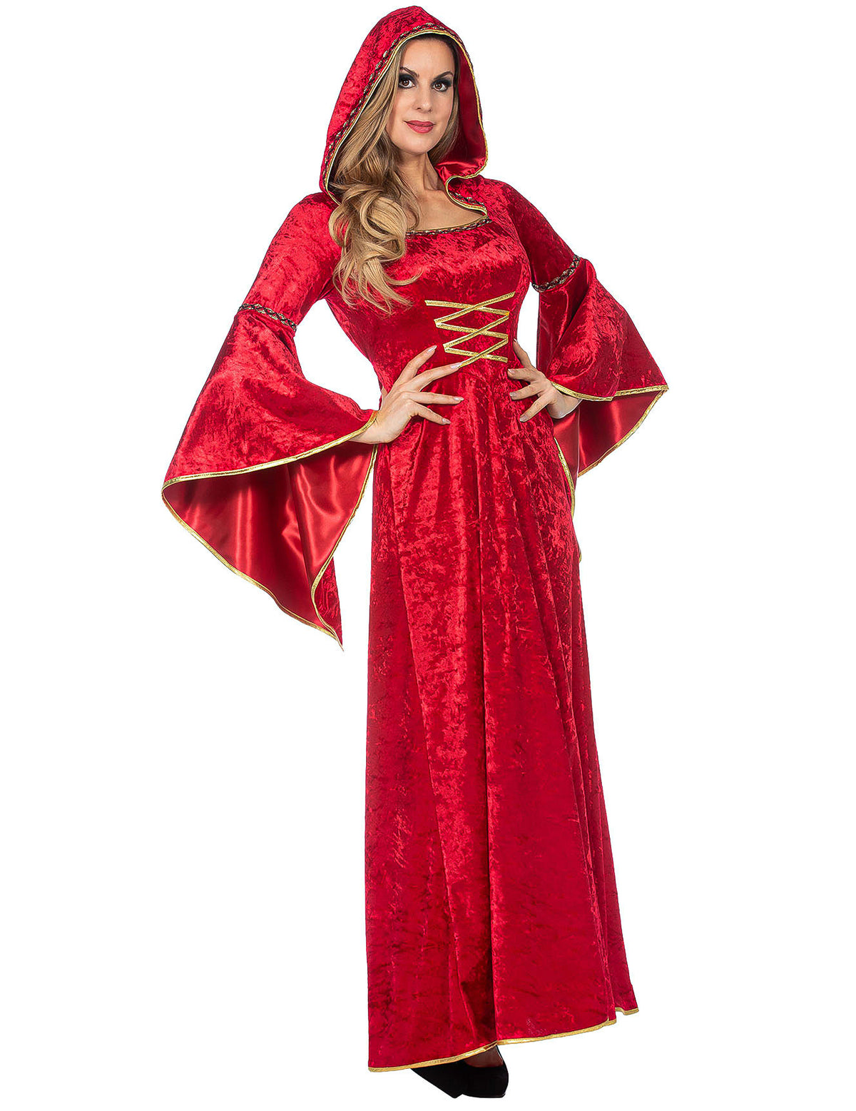 Robe médiévale longue à capuche rouge luxe femme
