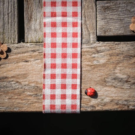 Červeno-biela retro ginghamová ľanová stuha 5 cm x 5 m guinguette štýl