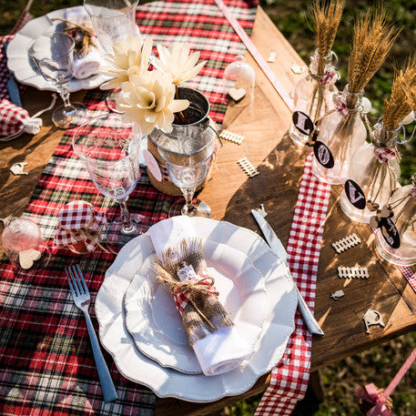 Červeno-biela retro ginghamová ľanová stuha 5 cm x 5 m guinguette štýl
