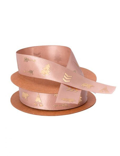 saténová stuha s motívom indického lesa taupe posiata zlatom 1,9 cm x 10 m vzory týpí a medveďov