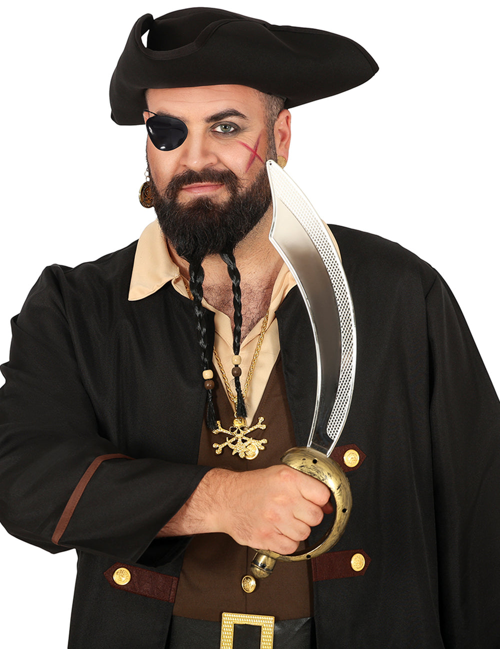 Vue de face du sabre et cache œil de pirate