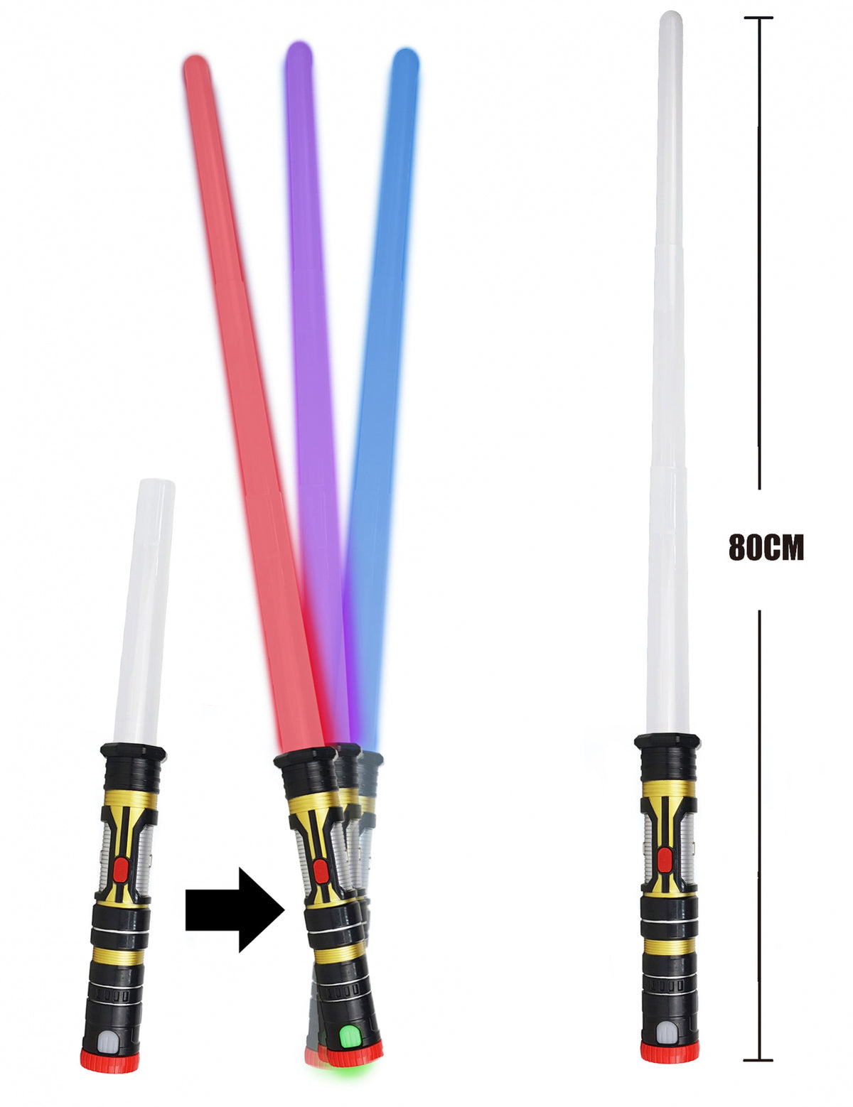 Détail du système rétractable et des couleurs du sabre laser lumineux rétractable 3 en 1 pour enfant