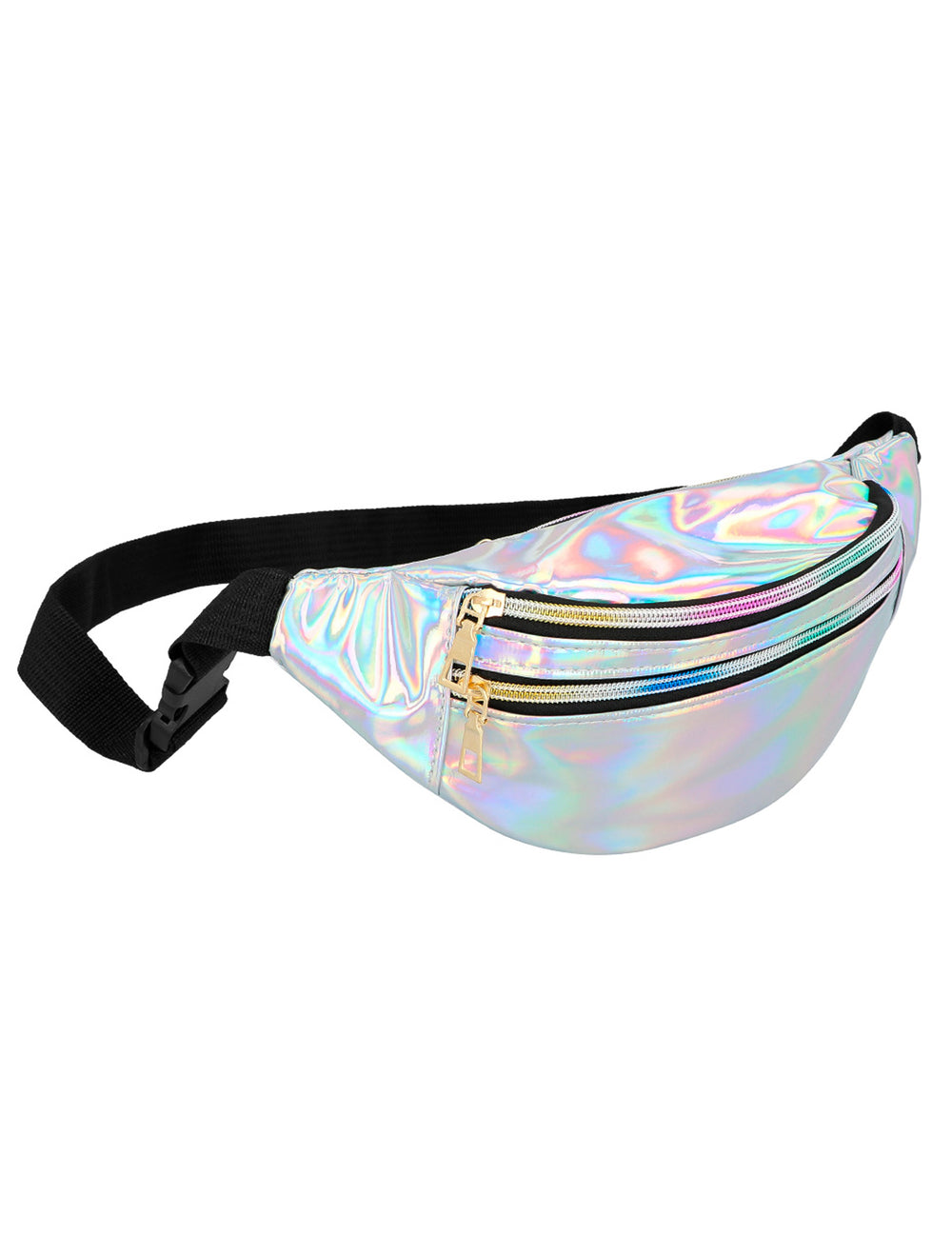 Vue de profil du sac banane holographique argenté