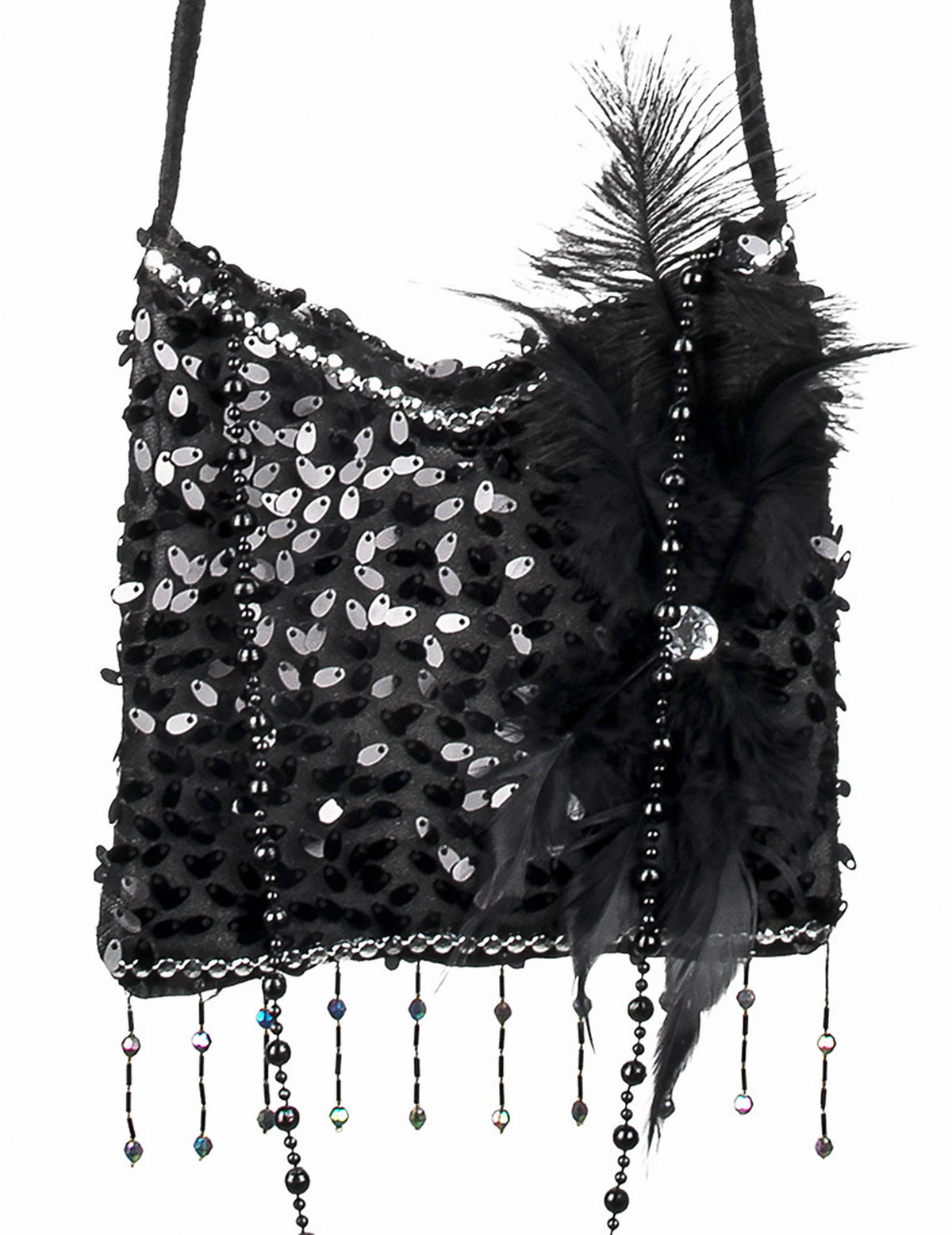 Détail des paillettes et de la plume du sac charleston années 20