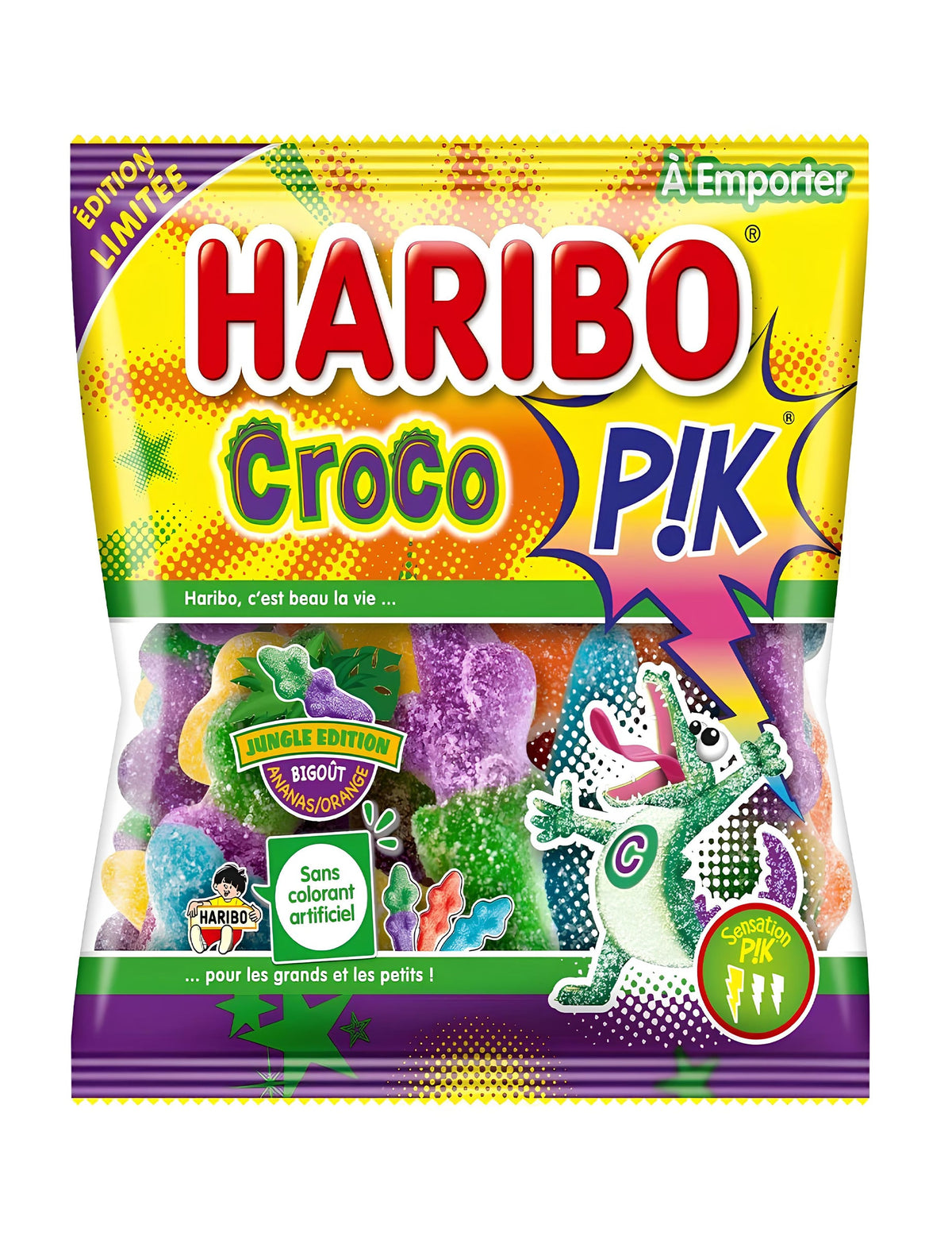 Sachet de bonbons Croco PIK Haribo pour tous acidulés Jungle Edition bigout orange et ananas