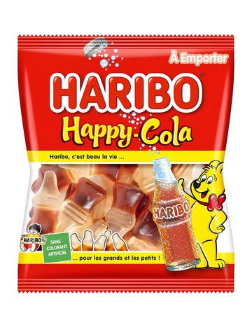 Sáčok cukríkov Haribo Happy Cola pre malých aj veľkých červený a žltý