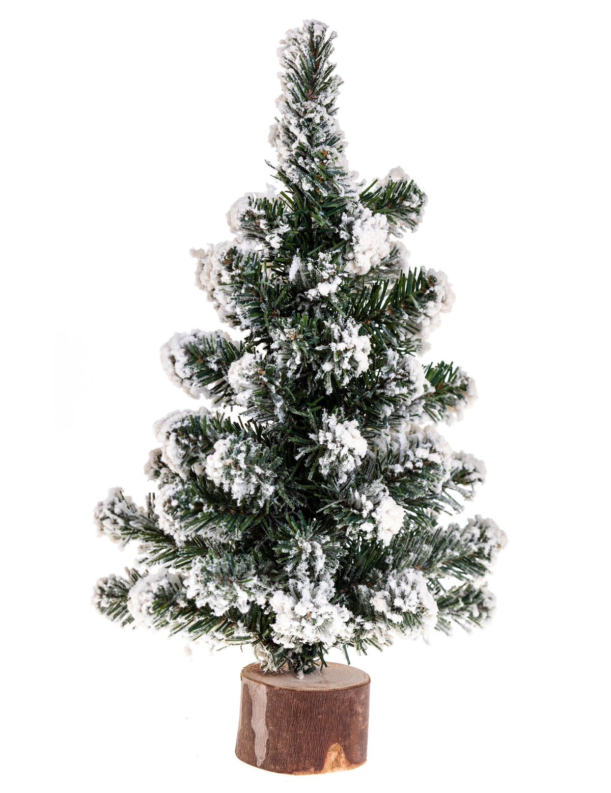 Sapin de table enneigé vert et blanc sur rondin de bois