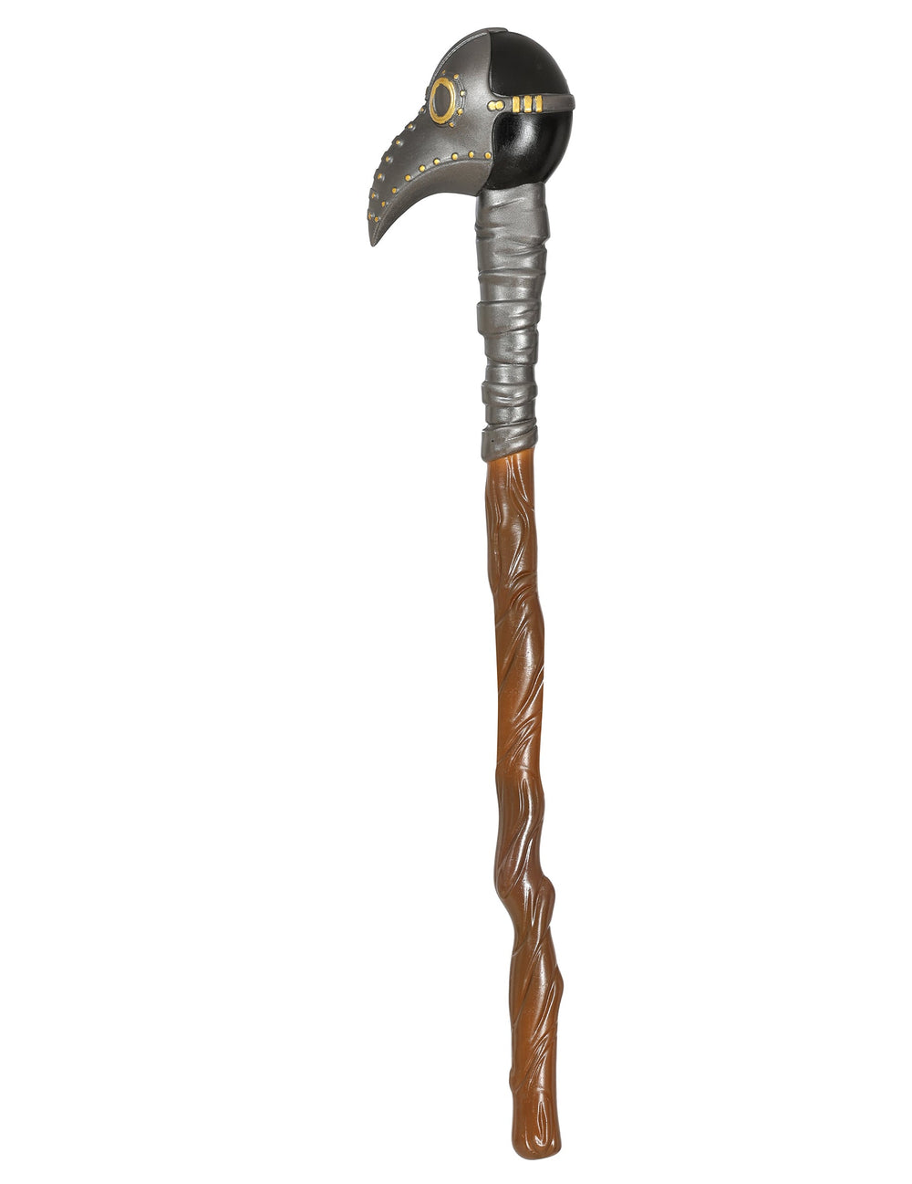 Détail du pommeau en forme de masque du sceptre médecin de la peste