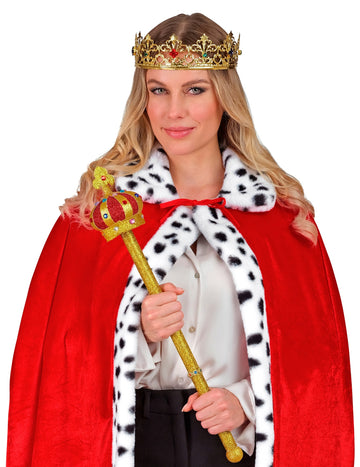 Zlatý kráľovský žezlo pre dospelých s červenou korunou a trblietkami