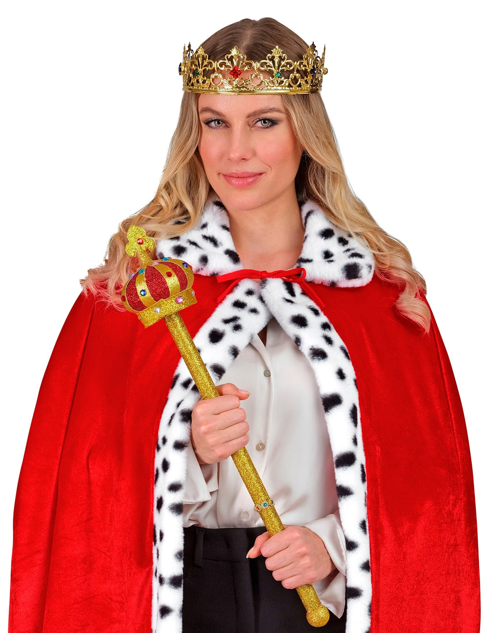 Sceptre royal pour adulte doré avec couronne rouge et paillettes