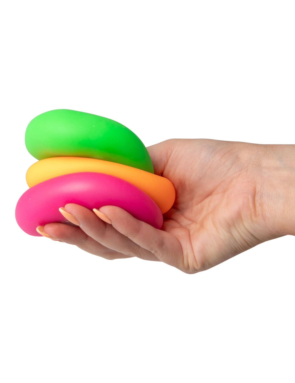 Assortiment de coloris et prise en main de la boule anti stress Scrunchems étirable