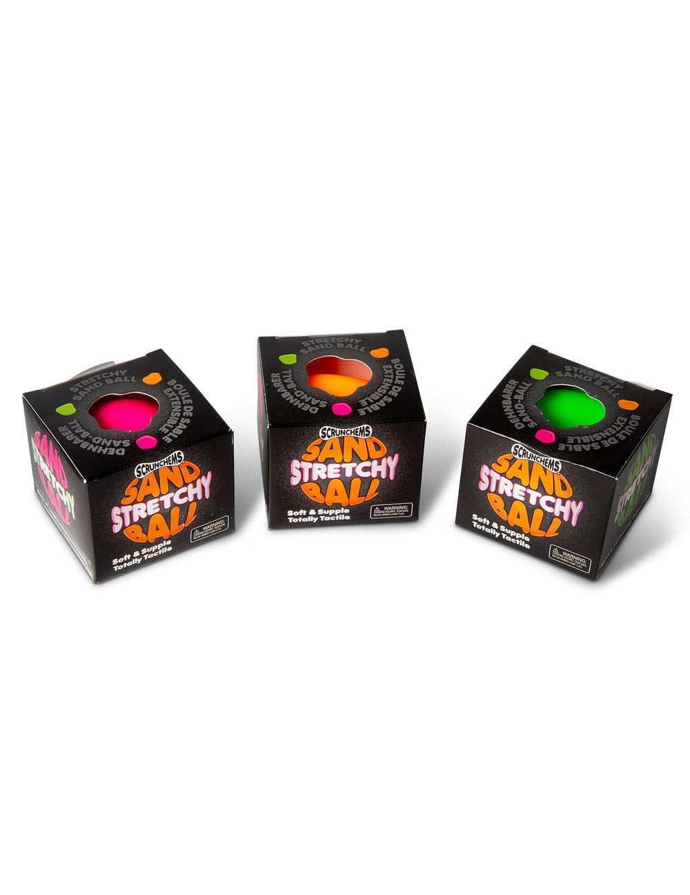 Vue des boîtes d'emballage de la boule anti stress Scrunchems étirable