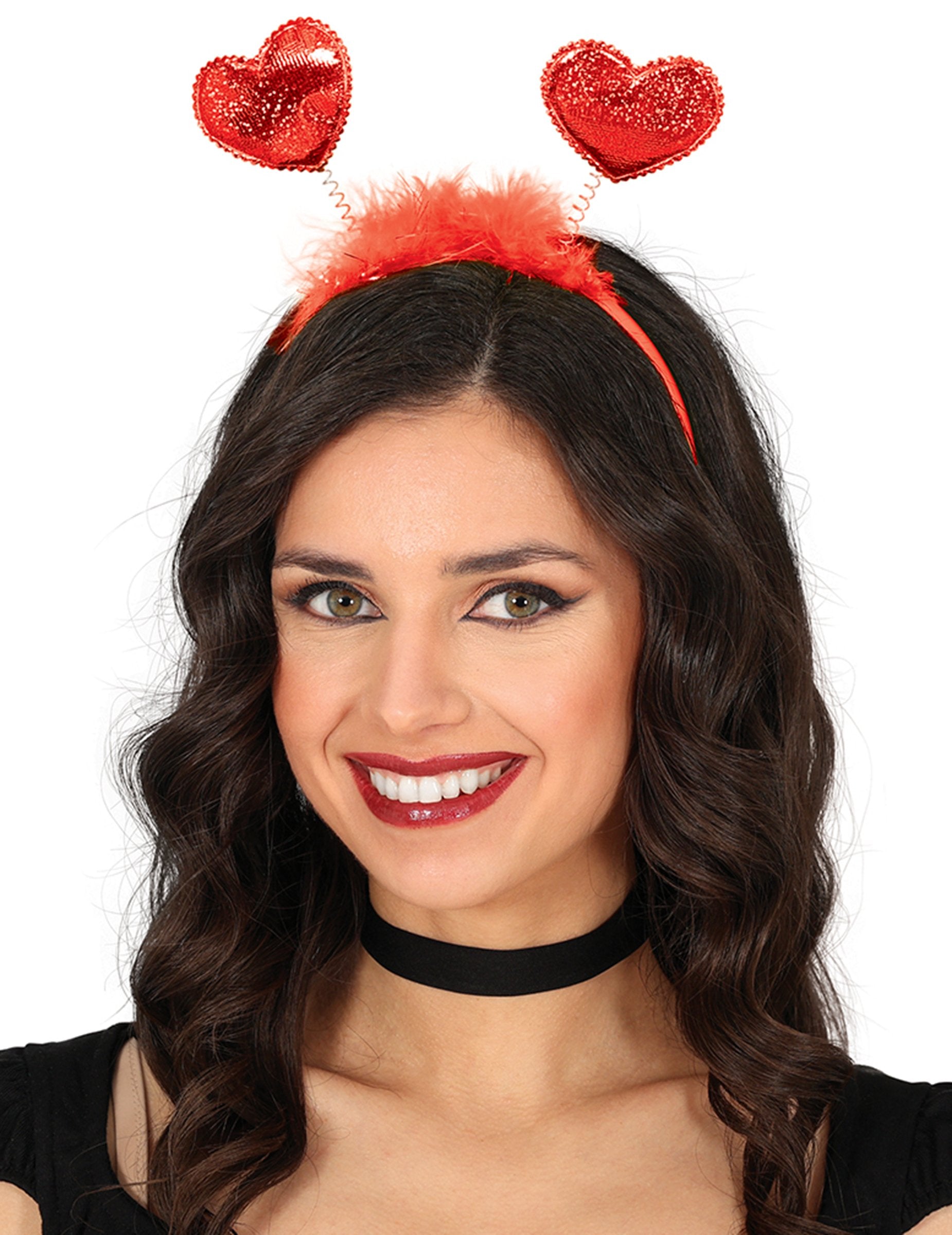 Serre-tête à cœurs rouges pour adulte rouge avec plumes et paillettes