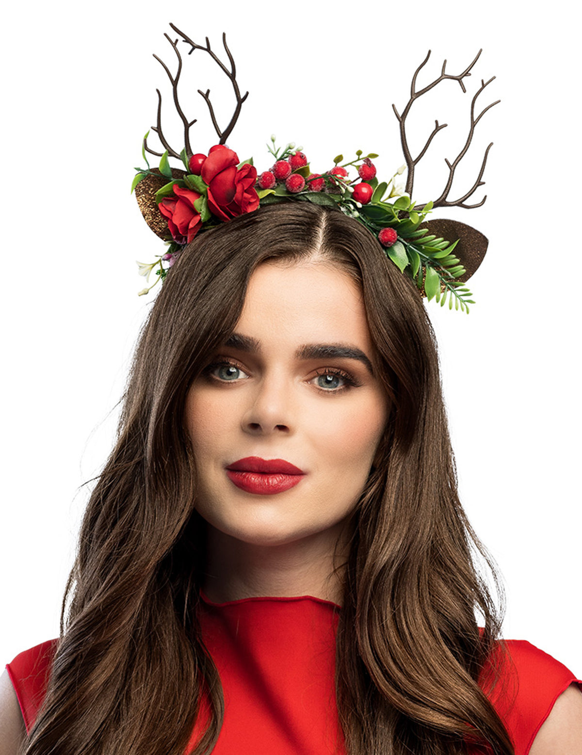 Serre-tête bois de renne fleuris pour adulte marron avec fleurs rouges et baies