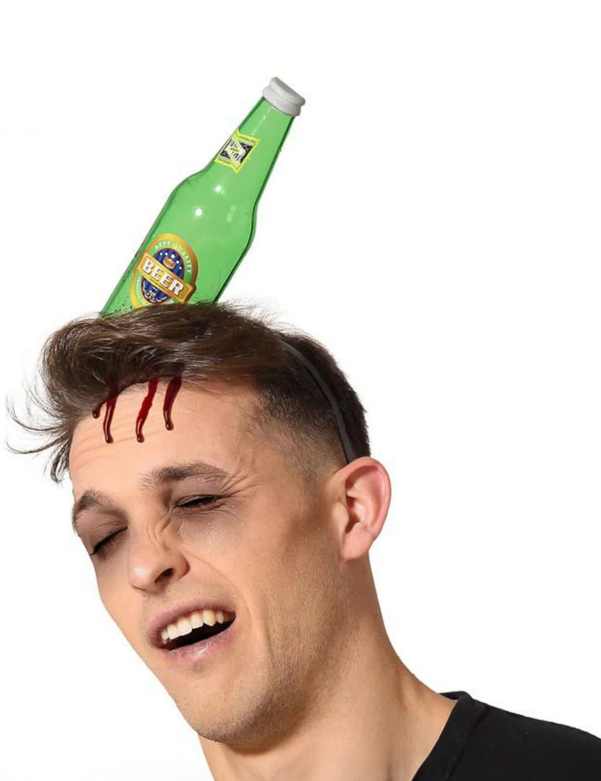Serre-tête bouteille de bière cassée pour adulte vert avec sang factice