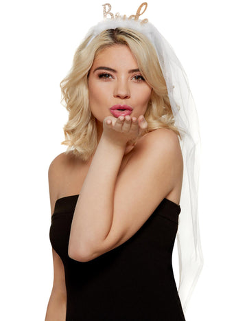 Biela a zlatá čelenka so závojom Bride na rozlúčku so slobodou pre ženy s trblietkami