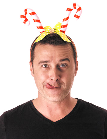 Serre-tête candy pour adulte rouge et blanc avec nœud jaune à pois