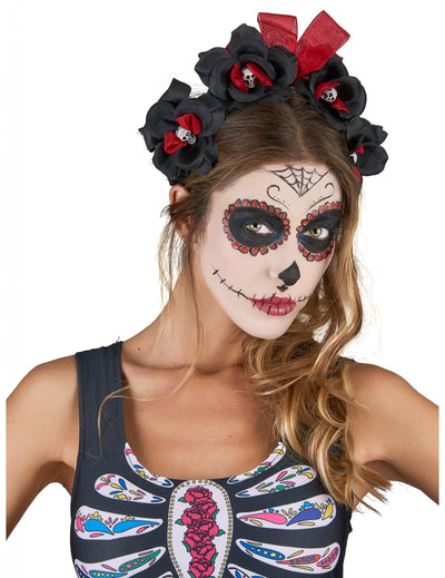 Serre-tête fleurs Dia De Los Muertos pour adulte noir et rouge avec petites têtes de mort