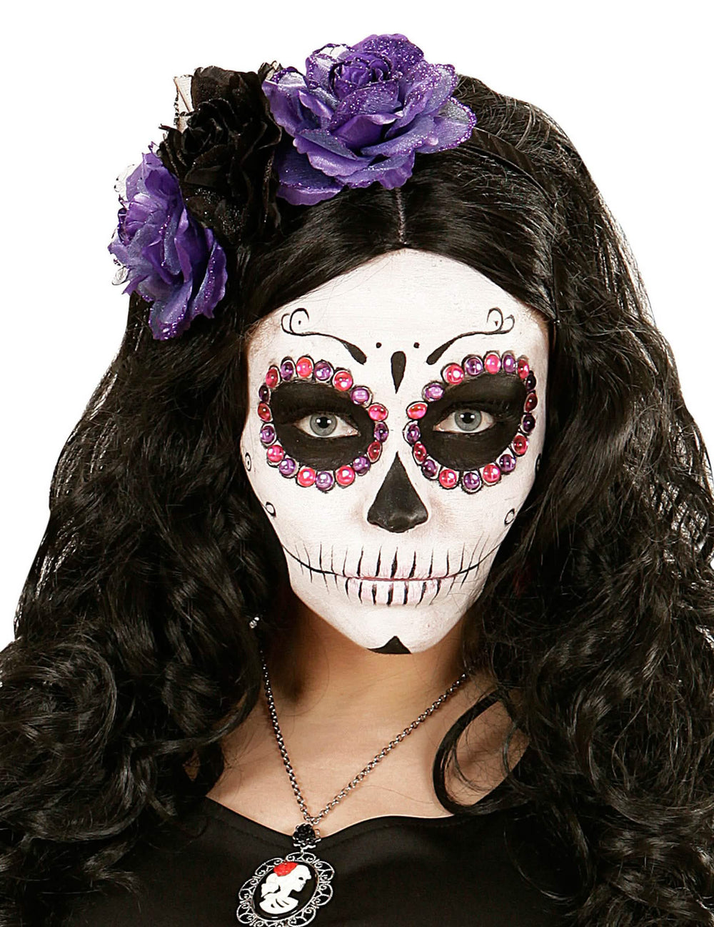 Čelenka s kvetmi Dia de los muertos pre ženu fialová a čierna