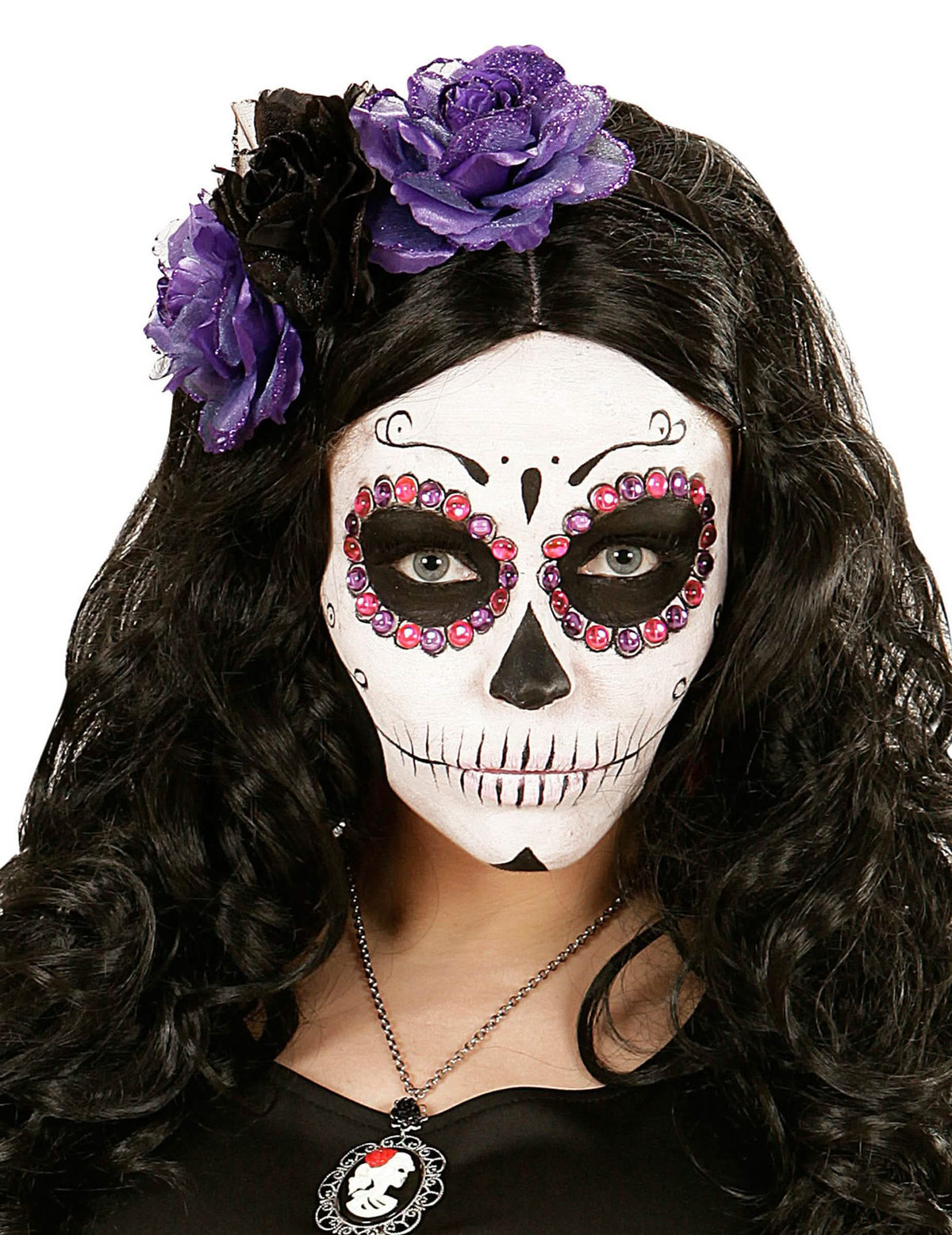 Čelenka s kvetmi Dia de los muertos pre ženu fialová a čierna