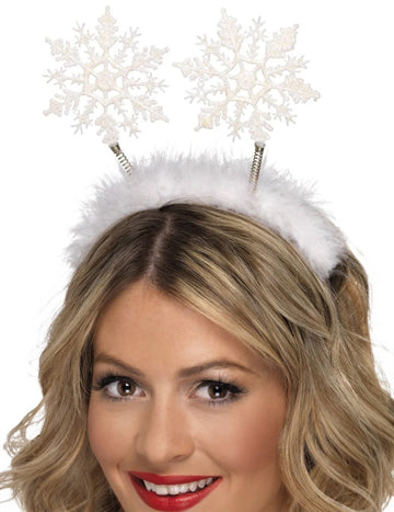 Biely snehový čelenka pre dospelých so trblietkami a syntetickou kožušinou