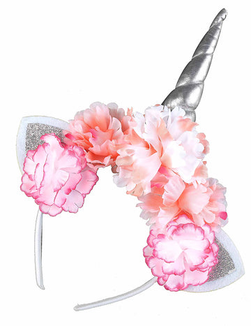 Serre-tête licorne pour adulte avec pivoines roses et corne argentée