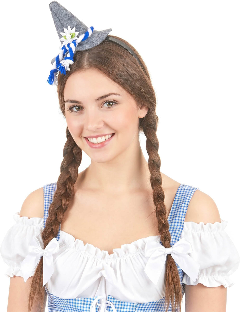 Čelenka s mini bavorským klobúčikom pre dospelého sivá s modro-bielou šnúrkou a kvetinou plesnivca alpského