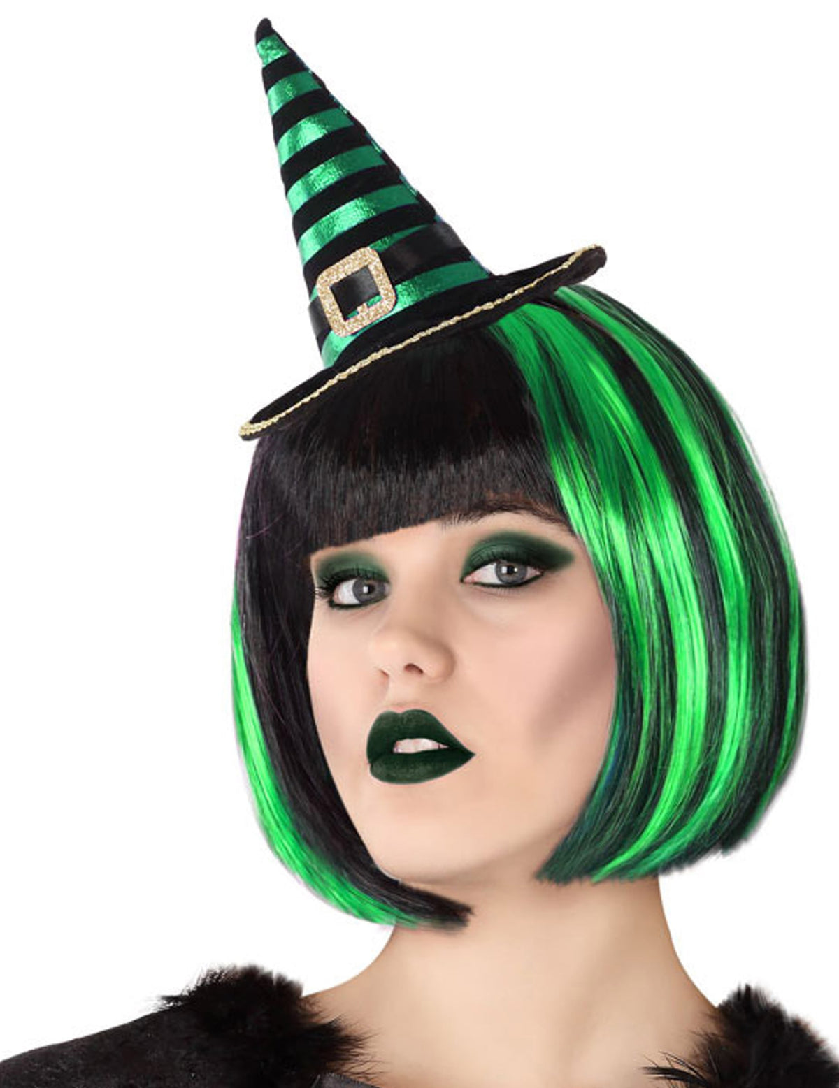 Serre-tête mini chapeau de sorcière rayé pour adulte noir et vert avec boucle dorée