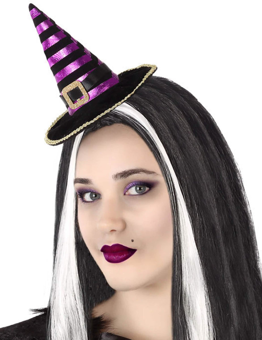Mini čiapka čarodejnice na čelenke pre dospelý s prúžkami čierna a fialová