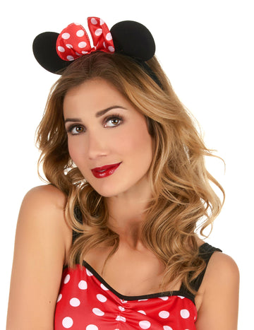 Serre-tête oreilles de souris avec noeud à pois pour femme noir et rouge à pois blancs